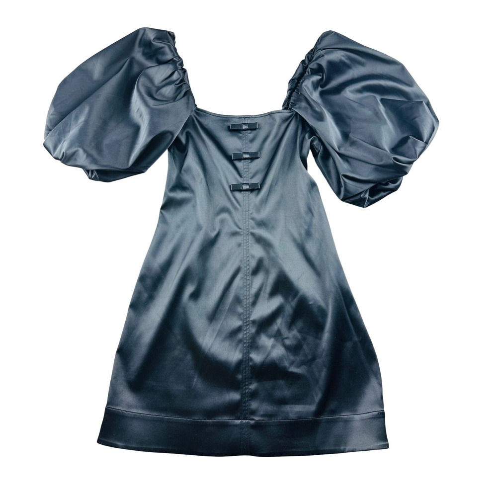 GANNI Mini Dress Women 6 Blue Satinโ Puff Sleeve Square Neck Cocktail Coquette